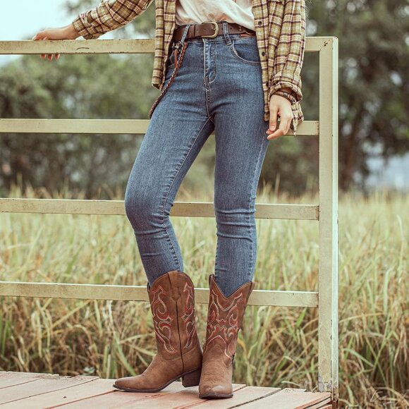 SheSole Western Boots Women Brown Faux Leather Square Toe Wide Mid Calf - Picture 7 of 9
